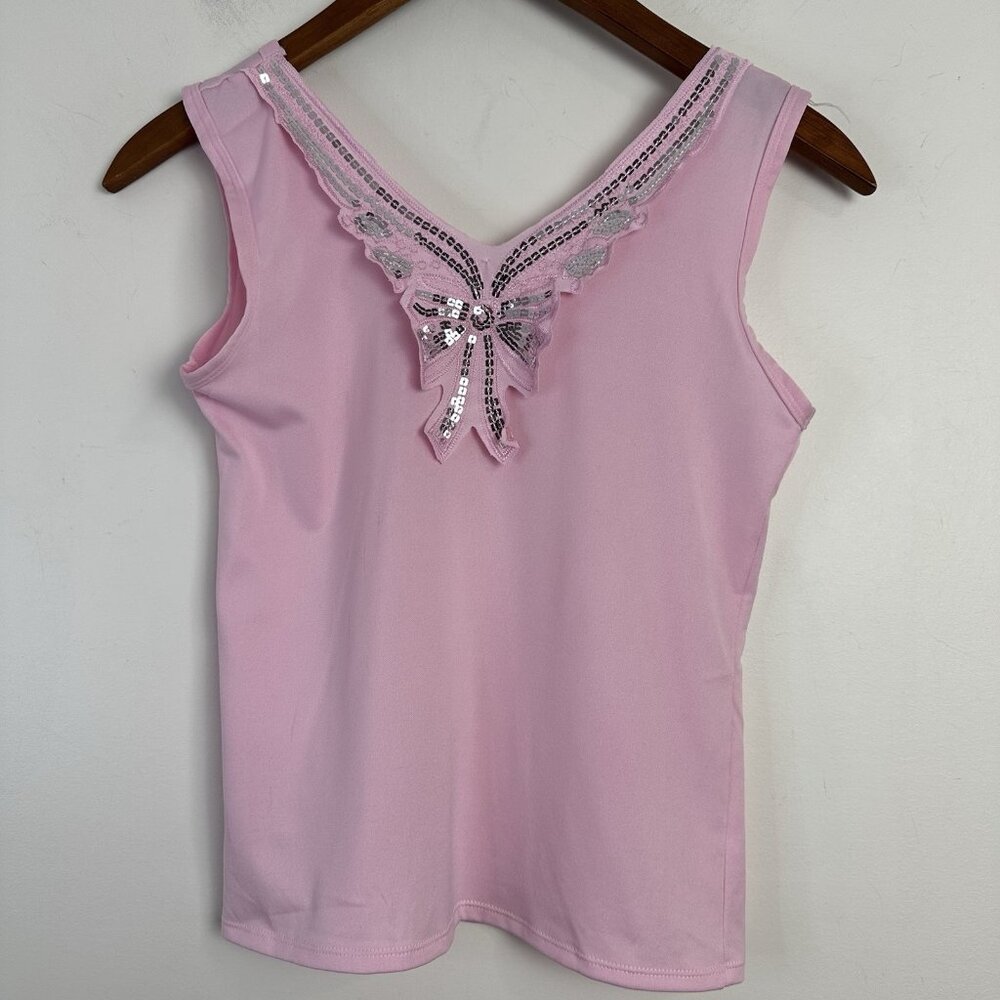 Y2k Sequin Tank Top Womens S Crop Bow Pink Babydoll Fairy Boho Coquette Indie